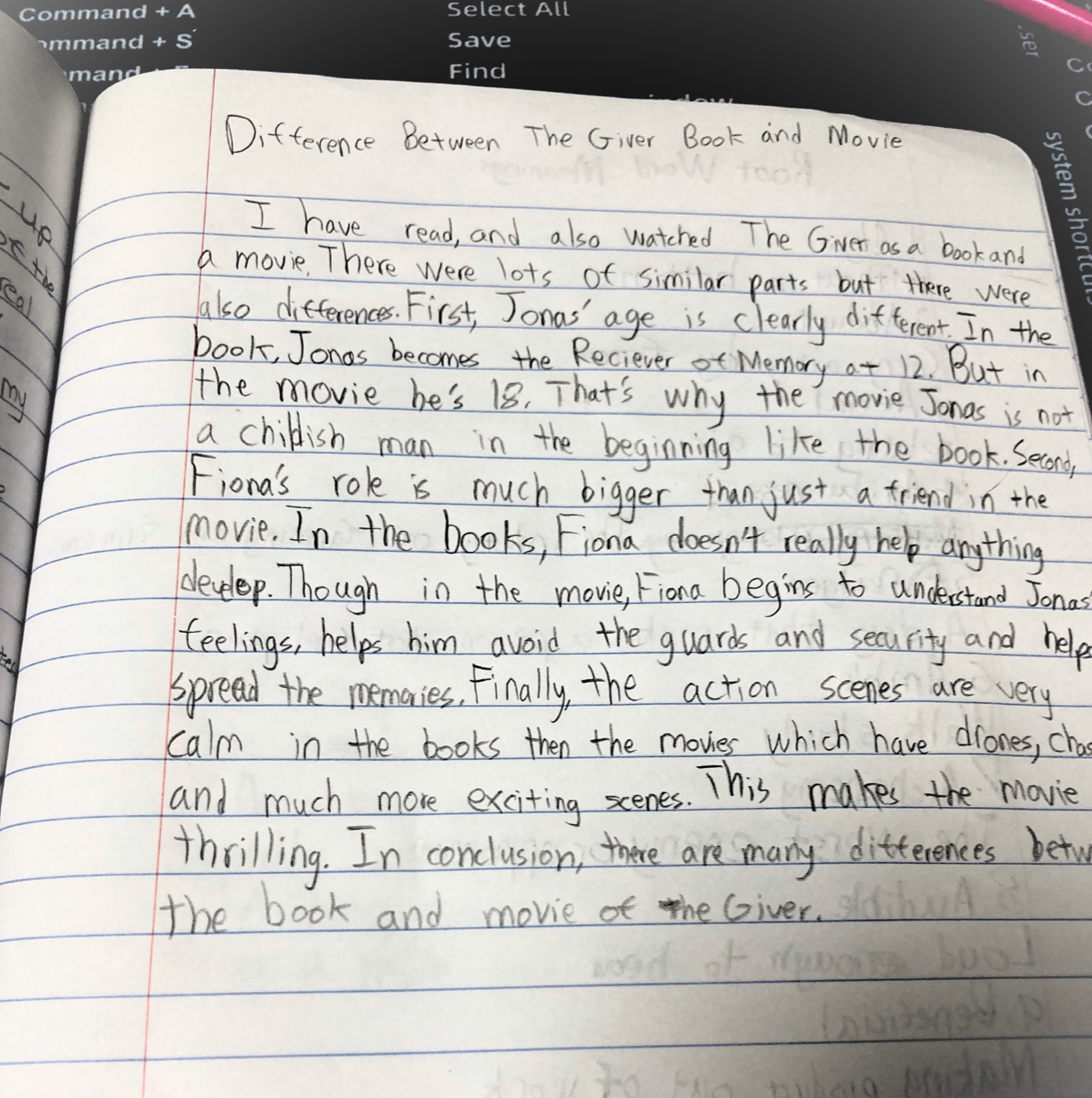 Writer's Workshop — a student's handwritten essay